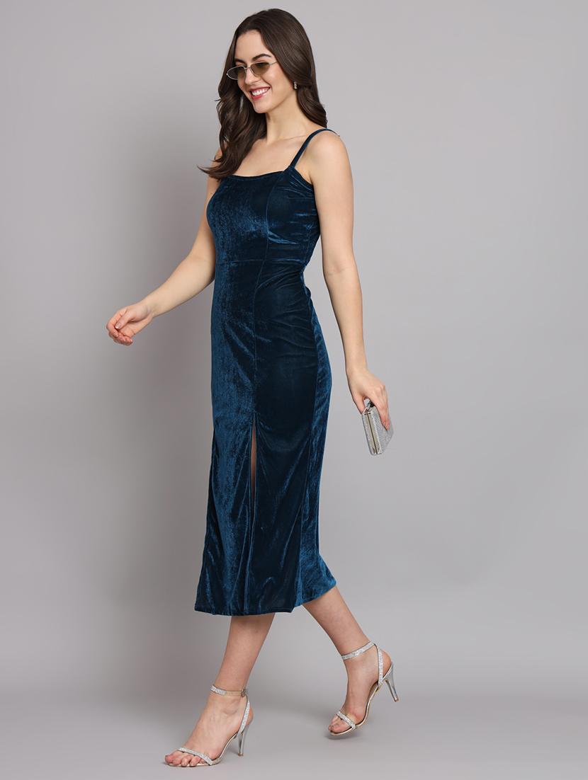 women solid shoulder strap velvet sheath dress