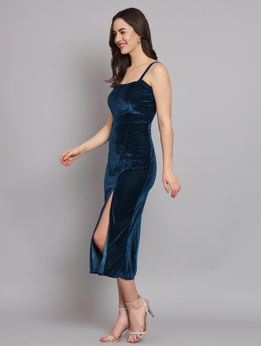 women solid shoulder strap velvet sheath dress - 22037052 - Standard Image - 3
