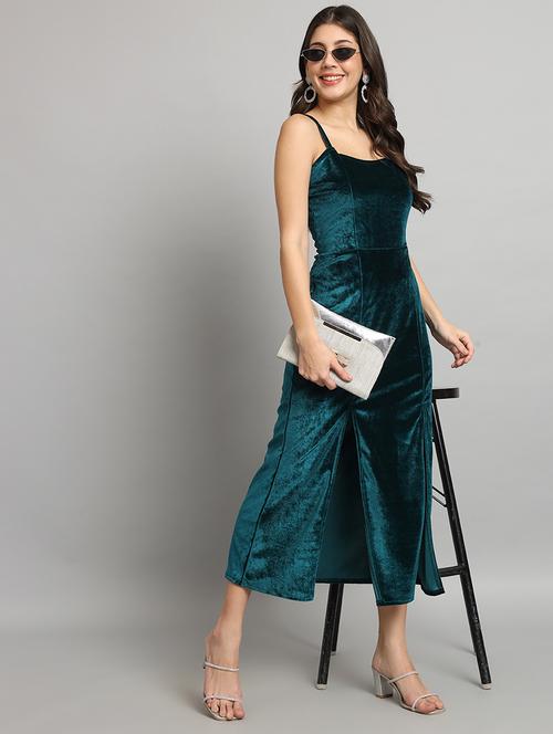 women solid shoulder strap velvet sheath dress - 22037053 - Standard Image - 0