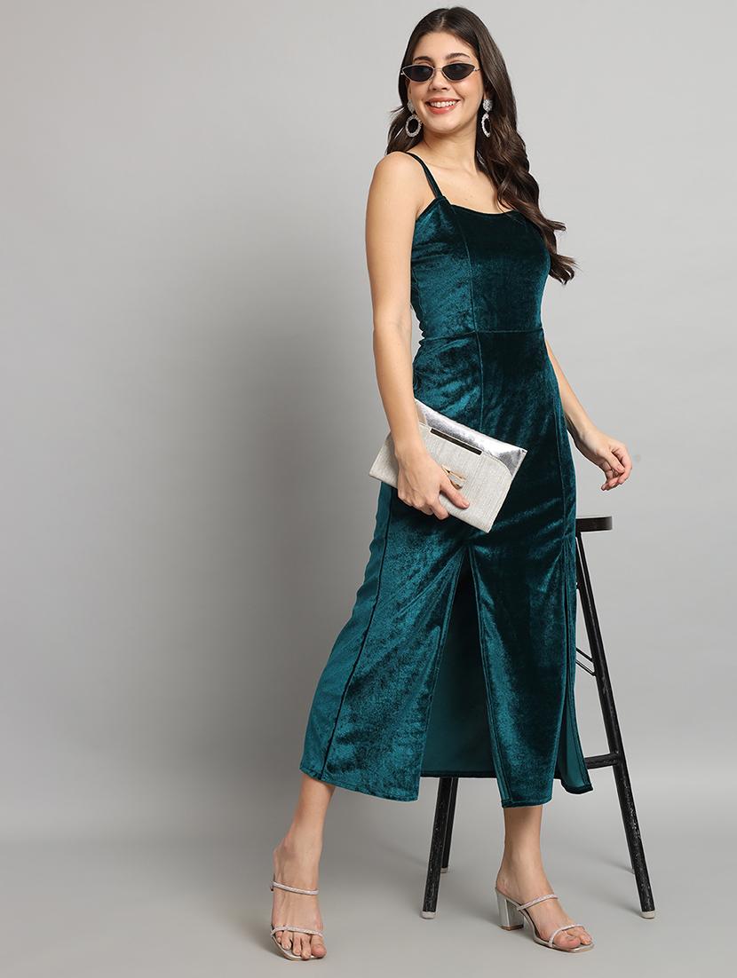 women solid shoulder strap velvet sheath dress