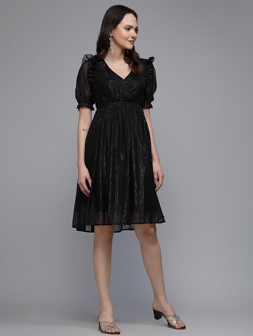 women solid puff sleeve fit & flare dress - 22037054 - Standard Image - 3