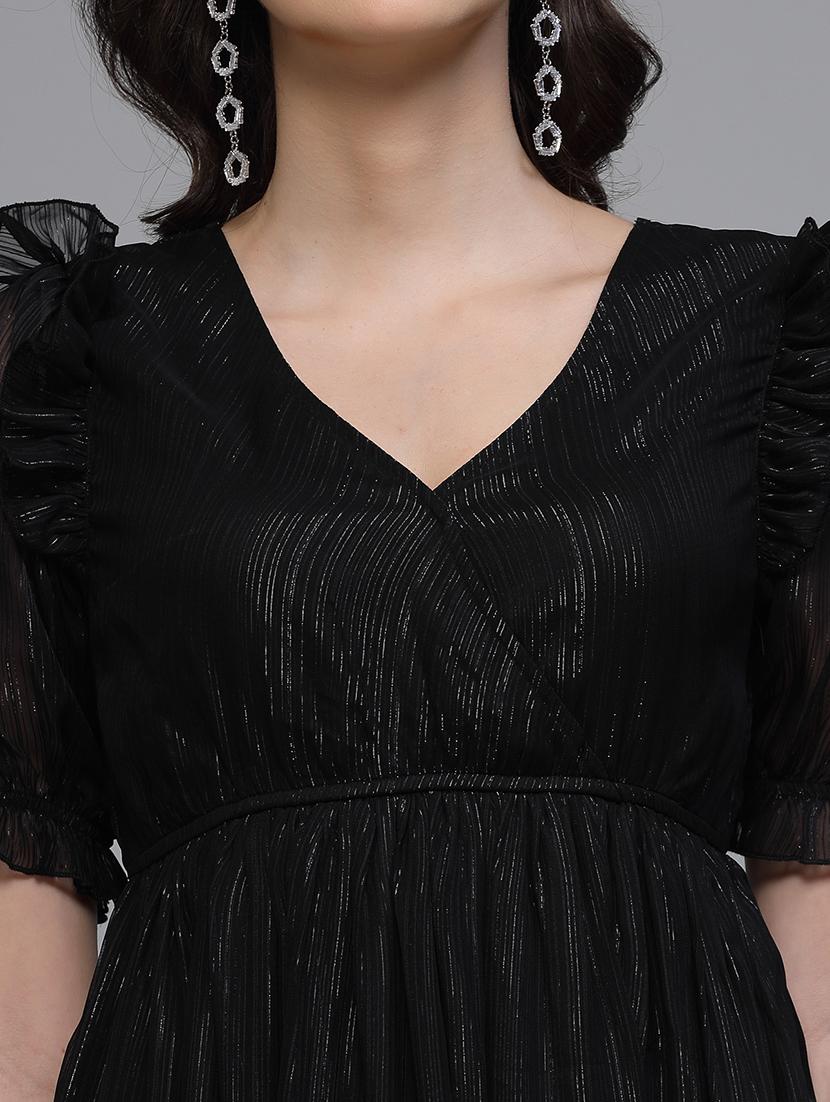 women solid puff sleeve fit & flare dress - 22037054 - Standard Image - 5