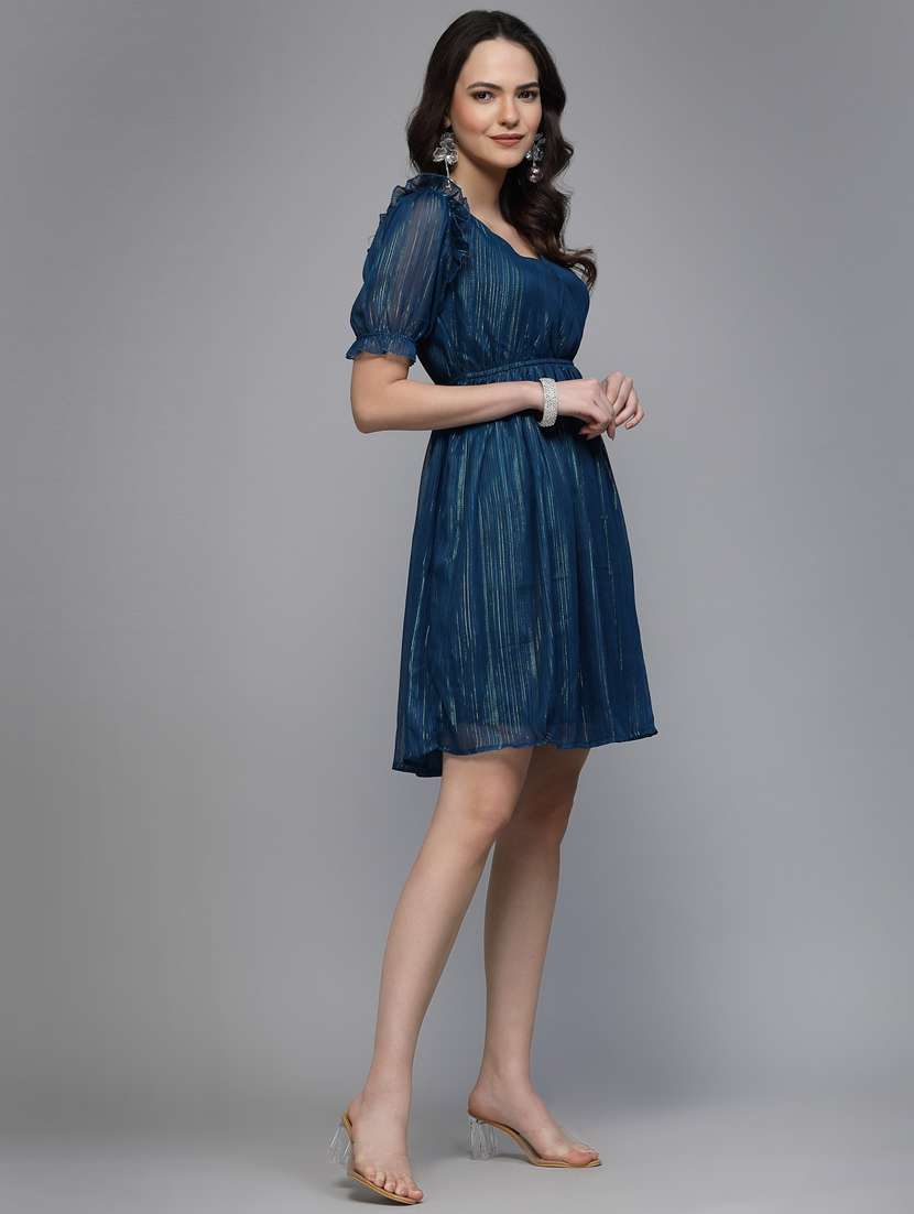 women solid puff sleeve fit & flare dress - 22037055 -  Standard Image - 3