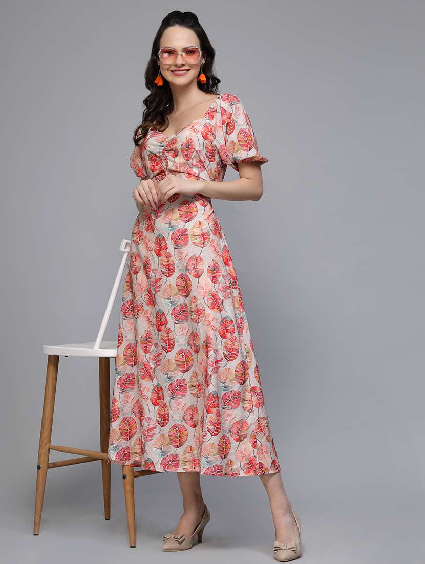 women floral print puff sleeve cut out a-line dress