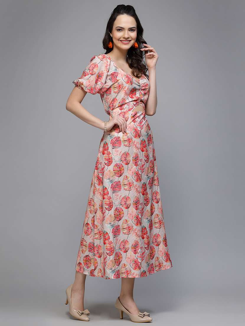 women floral print puff sleeve cut out a-line dress - 22037061 - Standard Image - 3