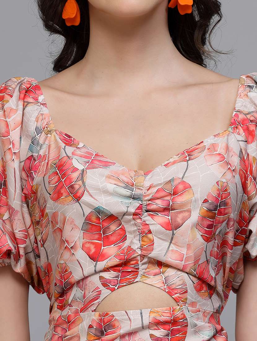 women floral print puff sleeve cut out a-line dress - 22037061 - Standard Image - 5