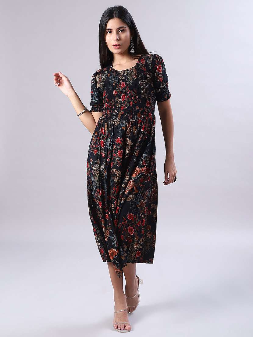 women floral print puff sleeve fit & flare dress