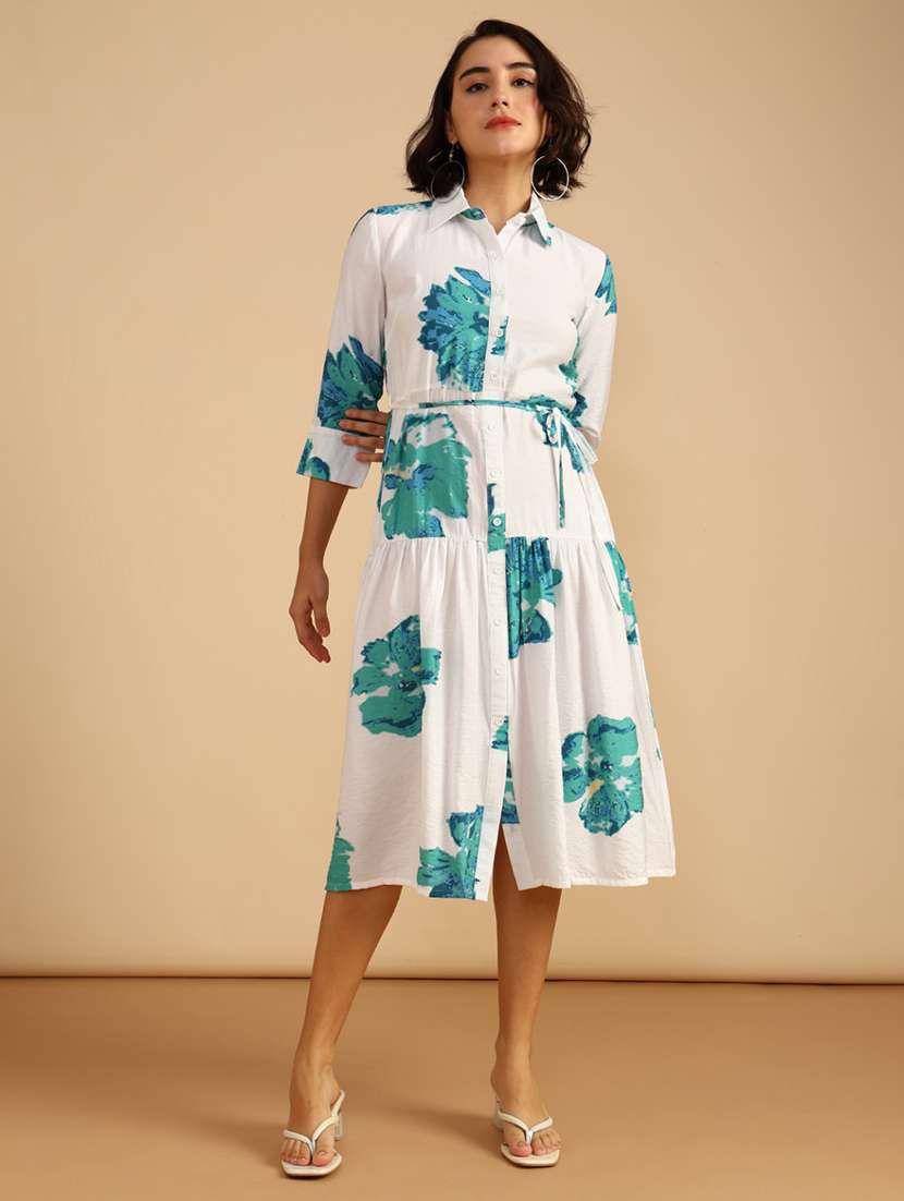 women printed three quarter sleeve shirt dress