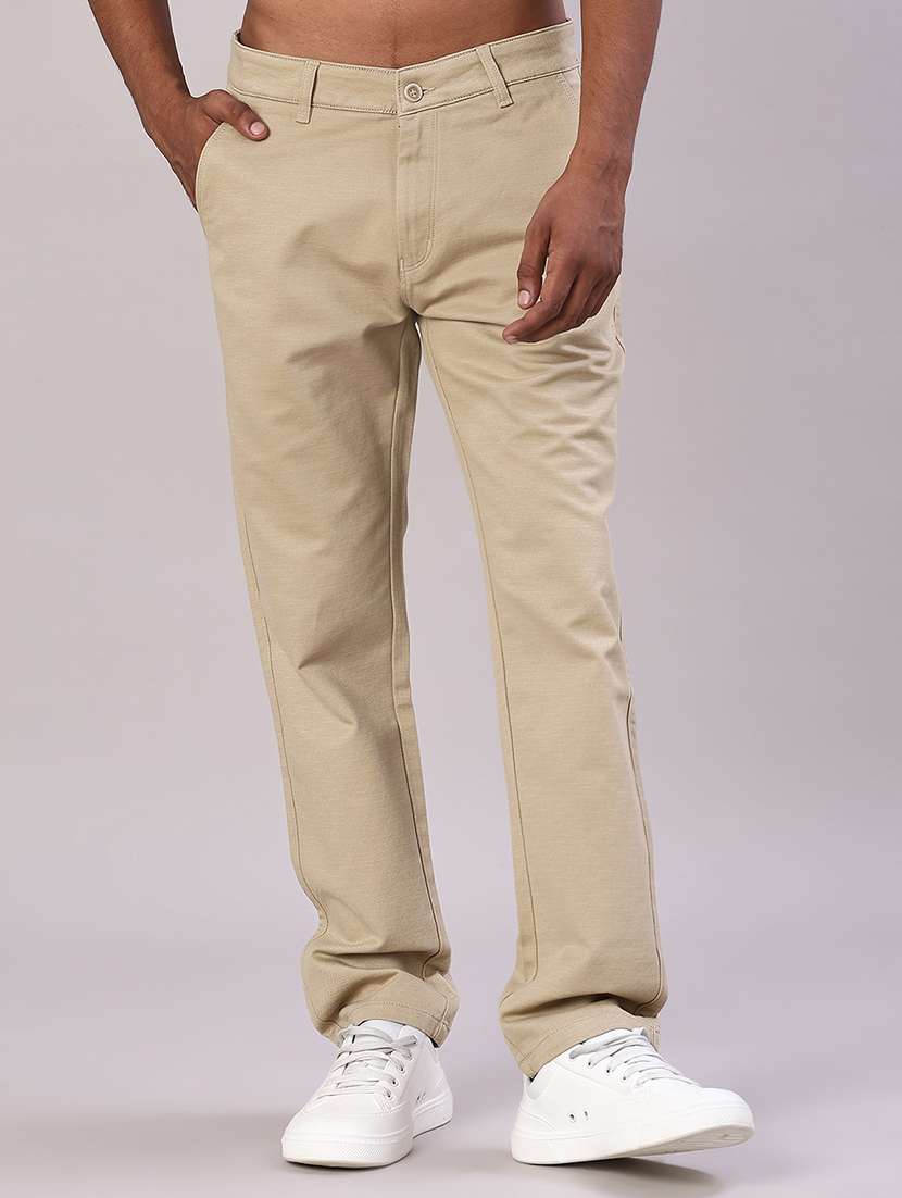 men solid mid rise flat front casual trouser