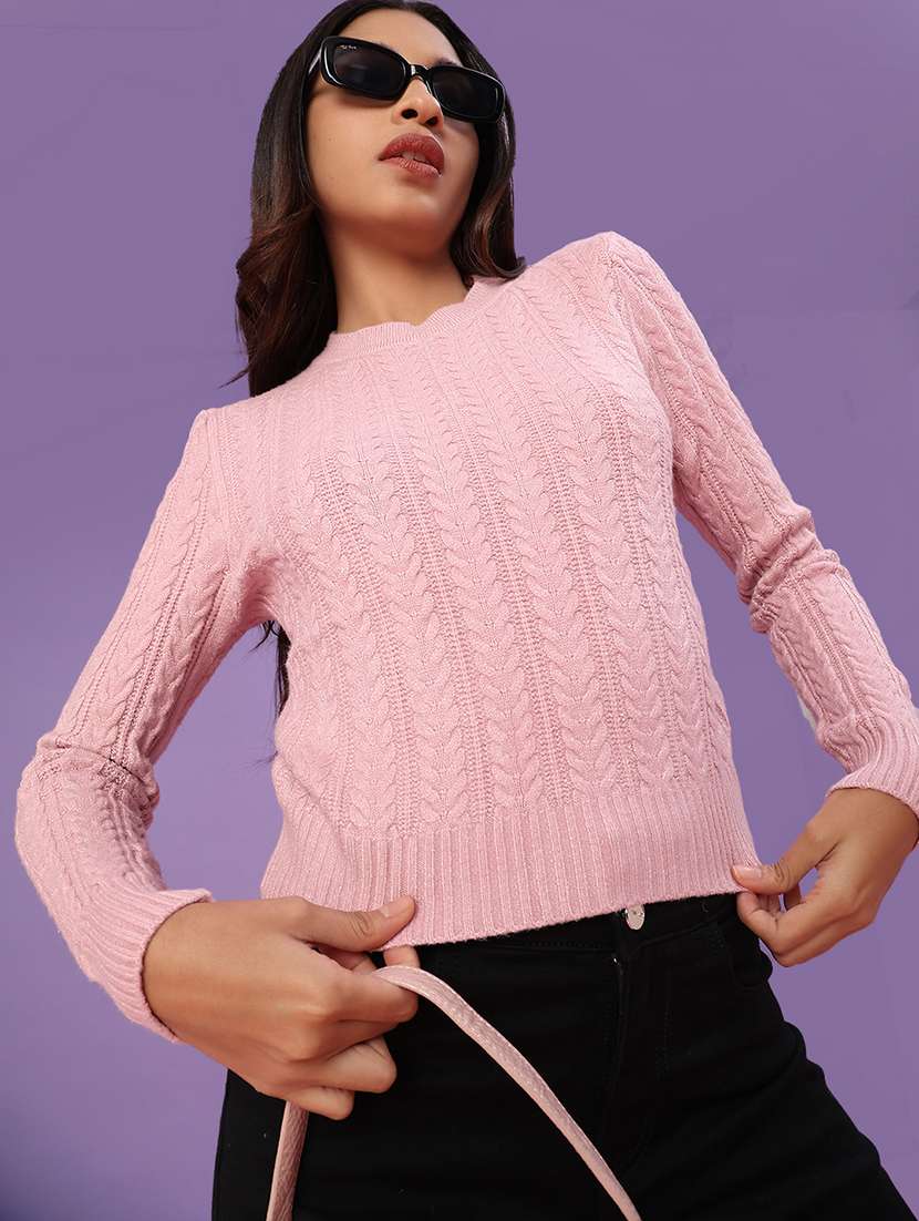 women self design long sleeve waist length pullover