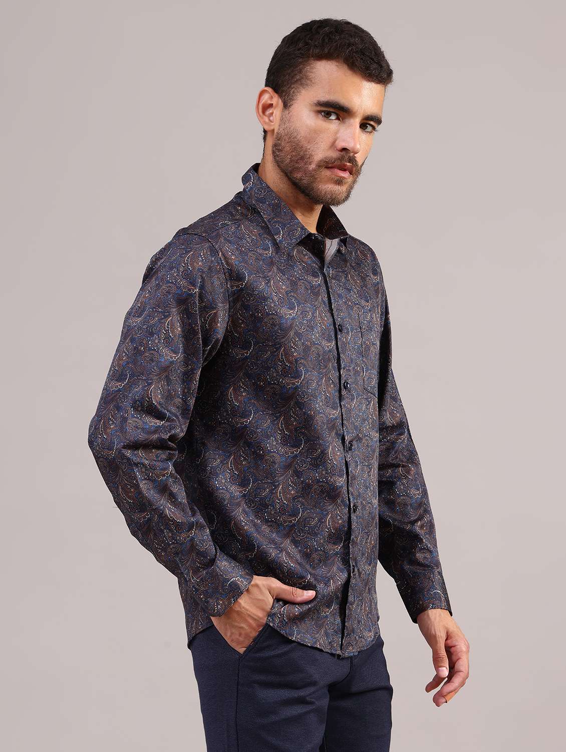 men printed collared long sleeve shirt - 22037656 -  Standard Image - 3