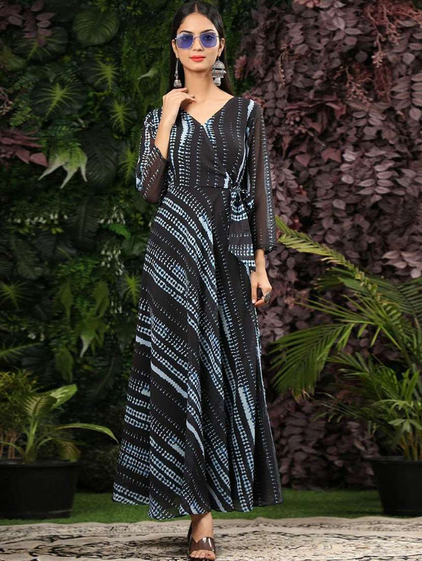 women printed long sleeve fit & flare dress