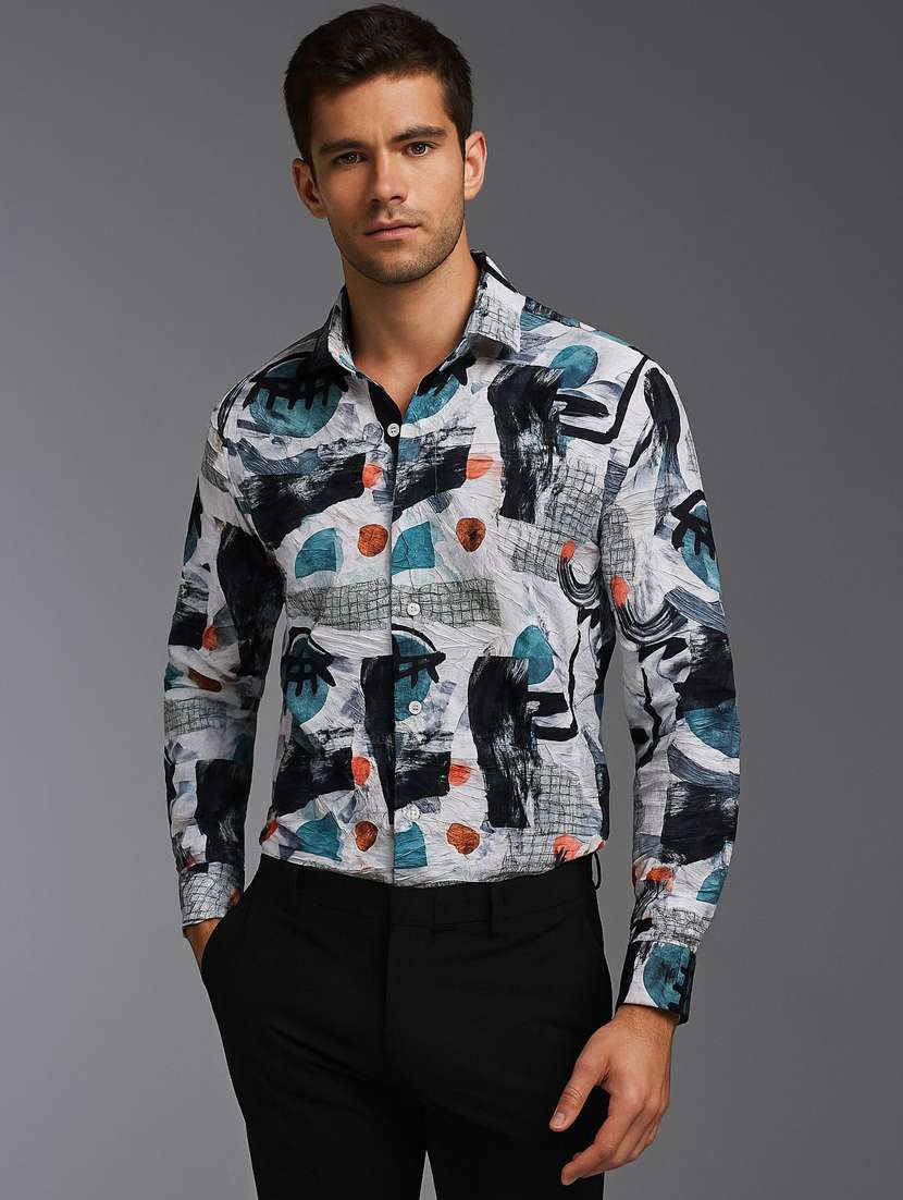 men printed collared long sleeve shirt - 22037775 - Zoom Image - 0