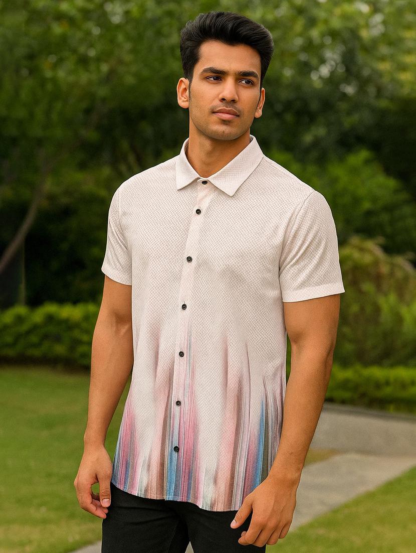 men printed collared short sleeve casual shirt