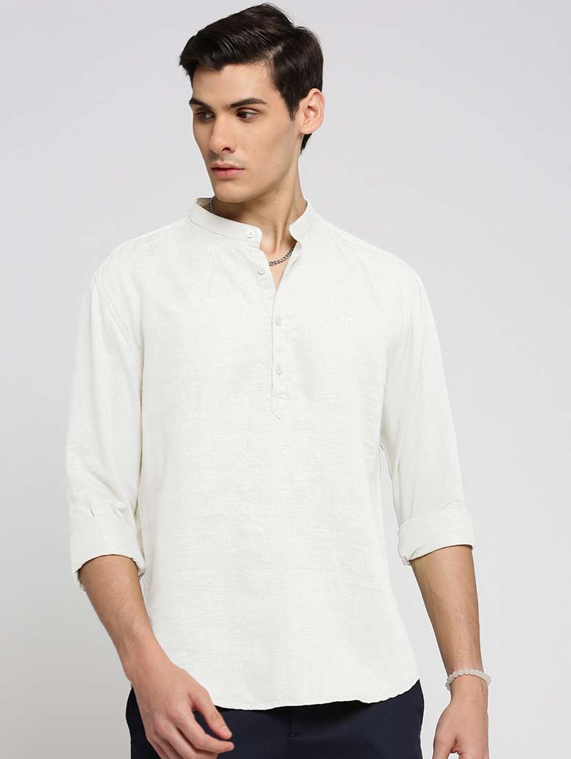 men solid mandarin collar long sleeve short kurta 