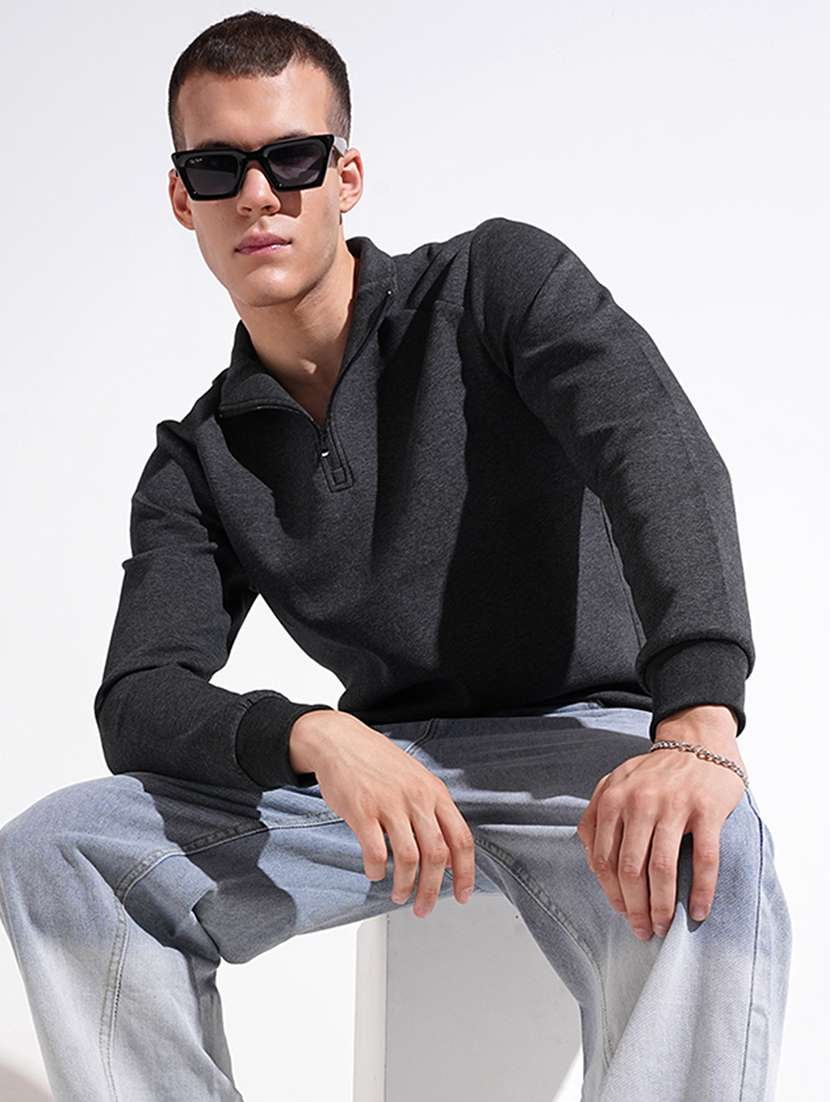 men solid stand collar long sleeve pullover