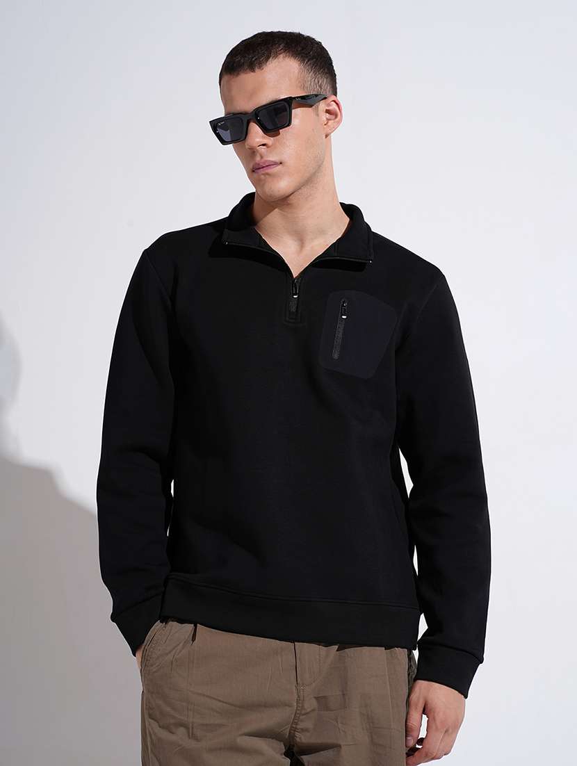 men solid stand collar long sleeve pullover