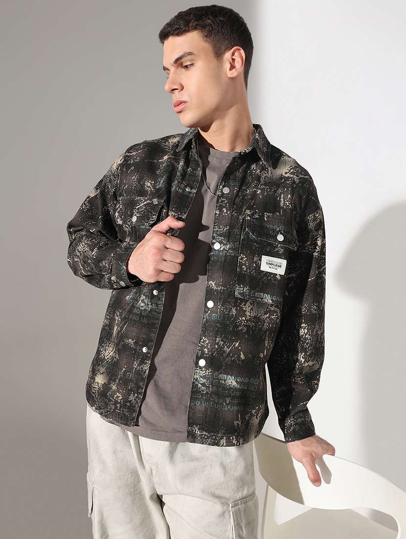 men printed collared long sleeve shacket