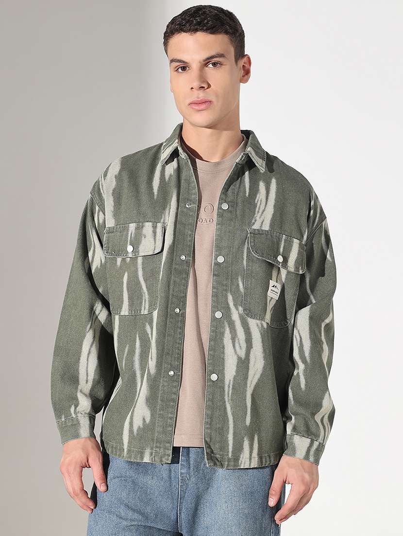 men printed collared long sleeve shacket