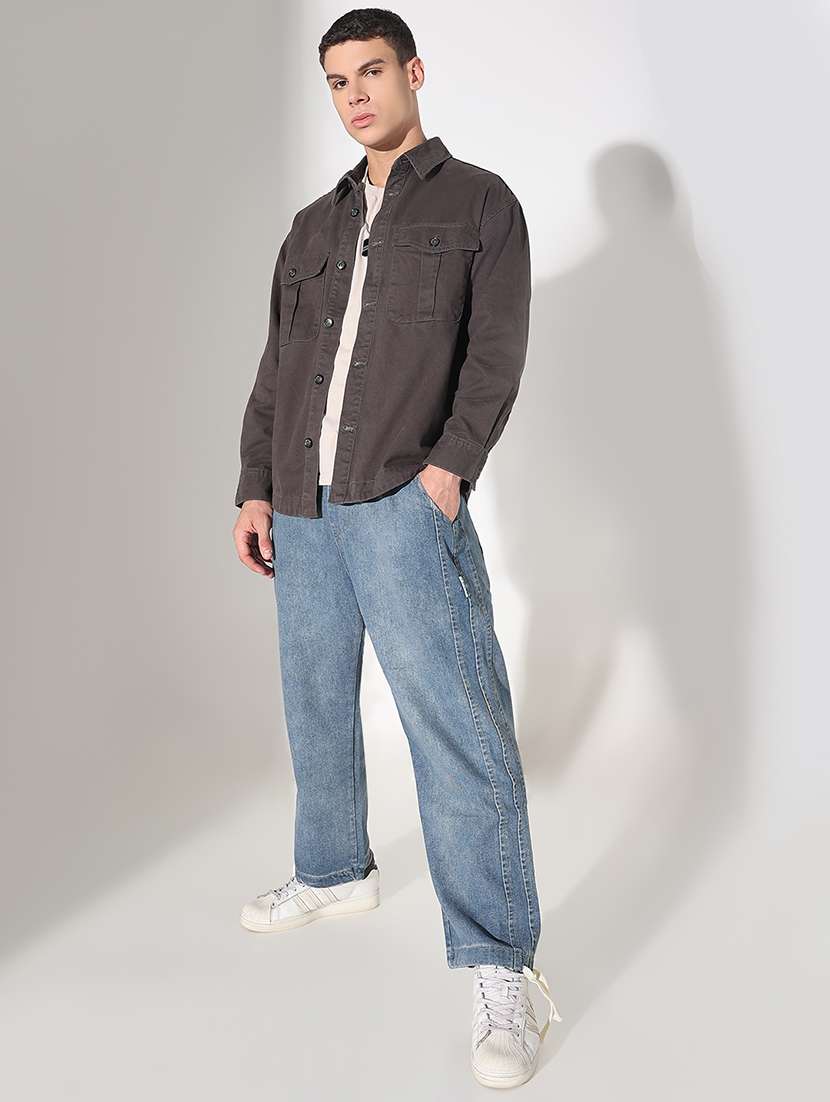 men solid collared long sleeve shacket - 22037878 -  Standard Image - 3