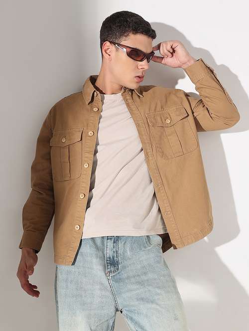 men solid collared long sleeve shacket - 22037879 -  Standard Image - 0