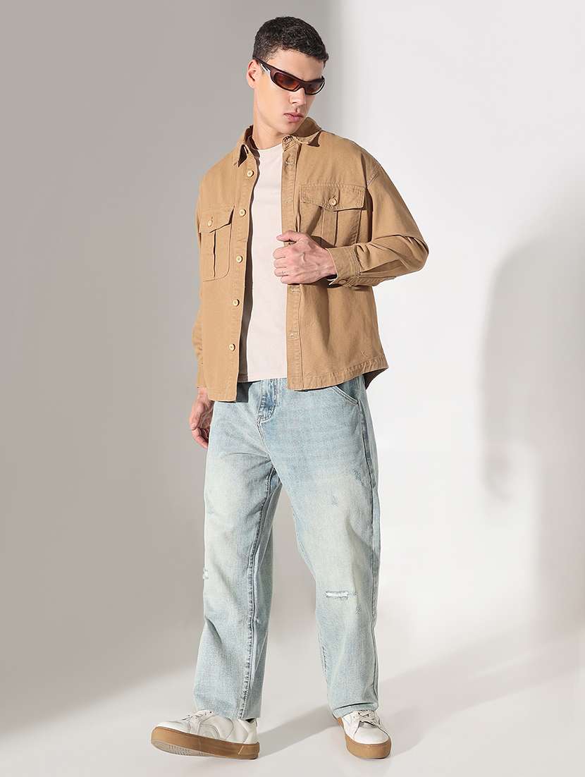 men solid collared long sleeve shacket - 22037879 -  Standard Image - 5