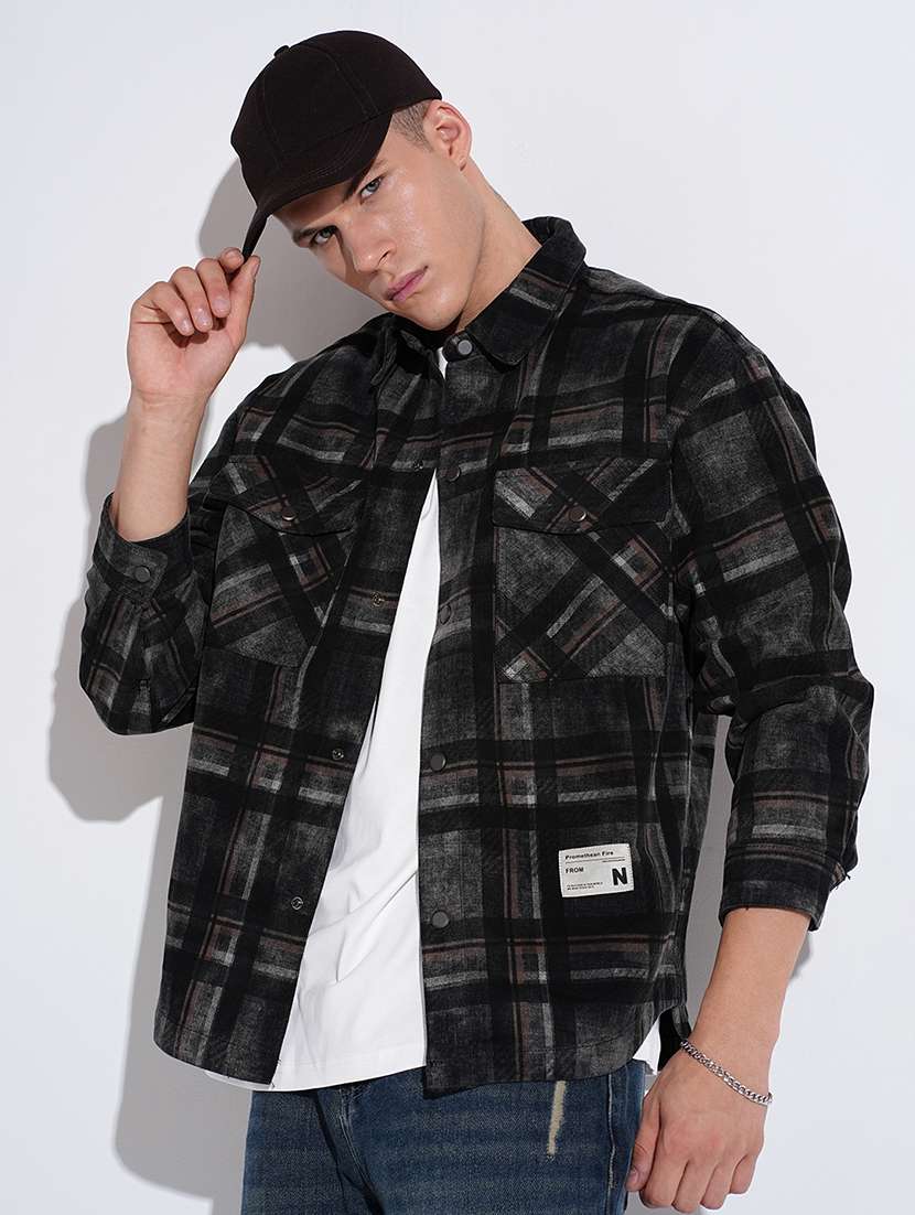 men checkered collared long sleeve shacket - 22037881 -  Zoom Image - 0