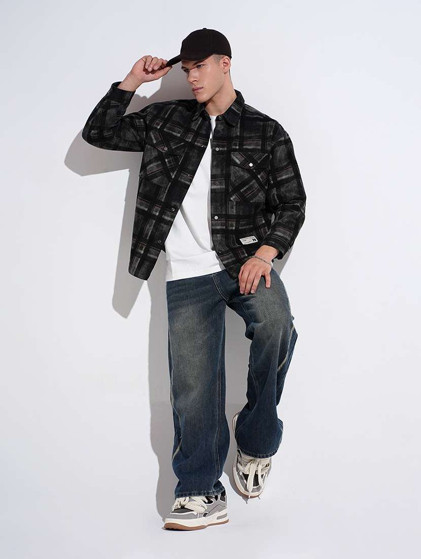 men checkered collared long sleeve shacket - 22037881 -  Standard Image - 5