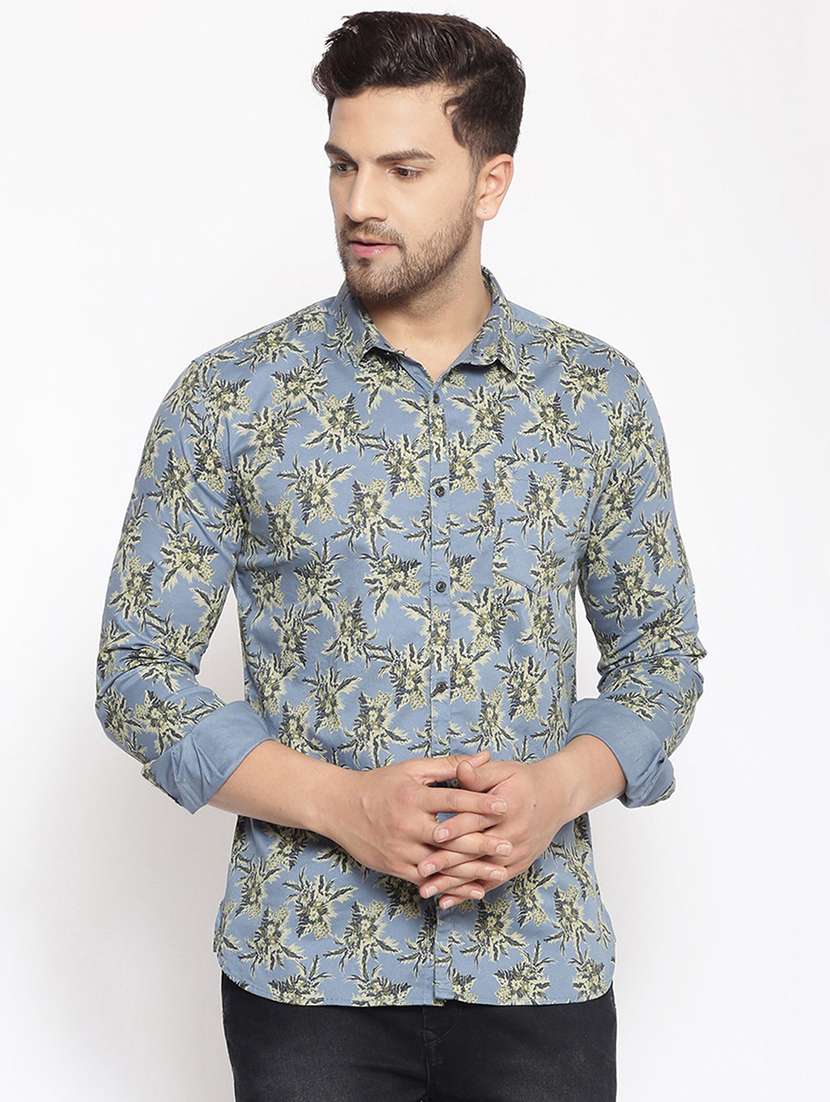 men printed collared long sleeve regular fit shirt