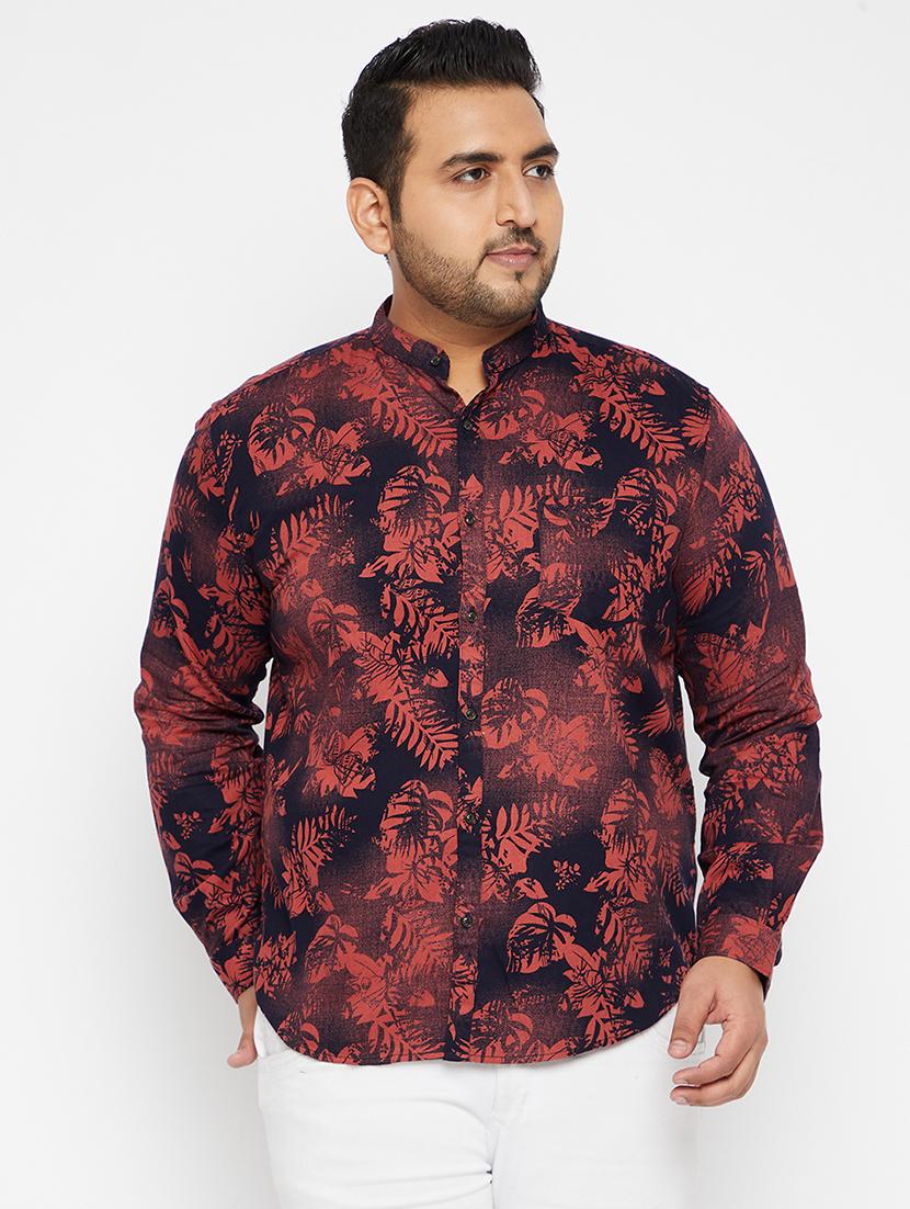 men plus size printed mandarin neck long sleeves shirt