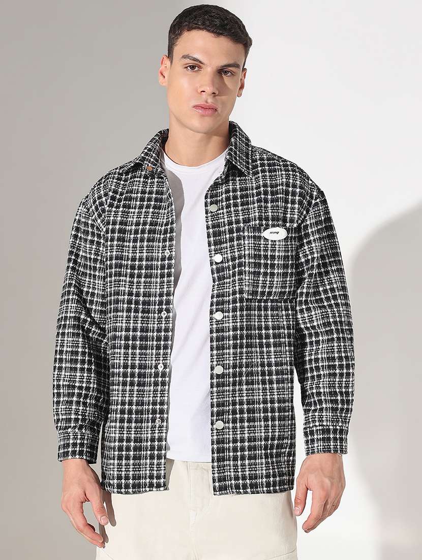 men checkered collared long sleeve shacket