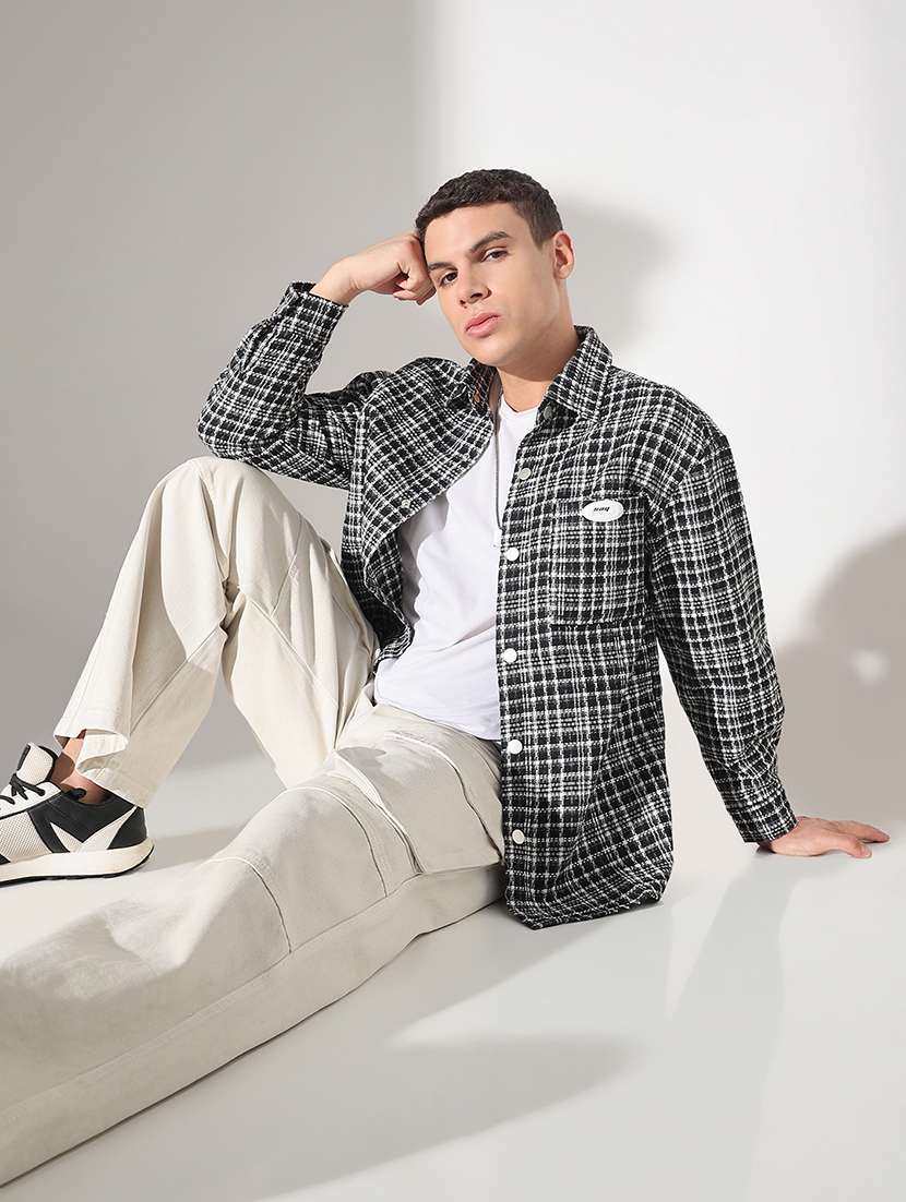 men checkered collared long sleeve shacket - 22037890 -  Standard Image - 3