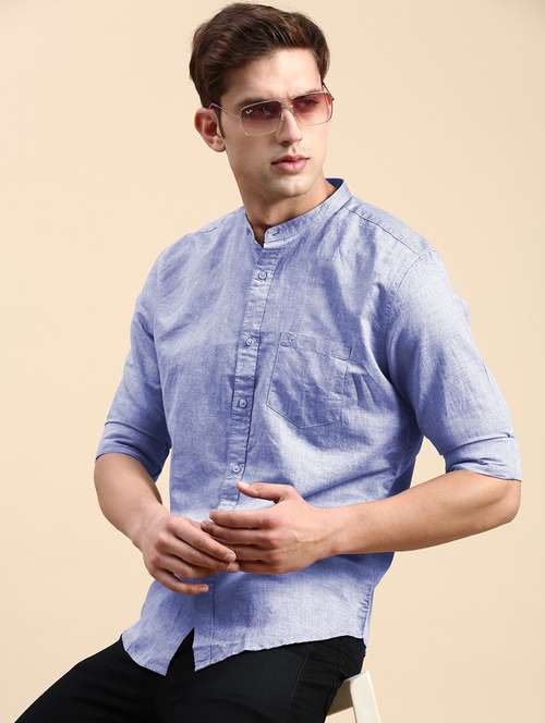 men solid mandarin collar long sleeve shirt - 22037892 - Standard Image - 0