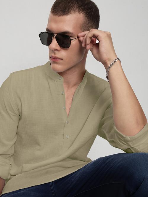 men solid mandarin neck long sleeve short kurta - 22037895 - Standard Image - 0