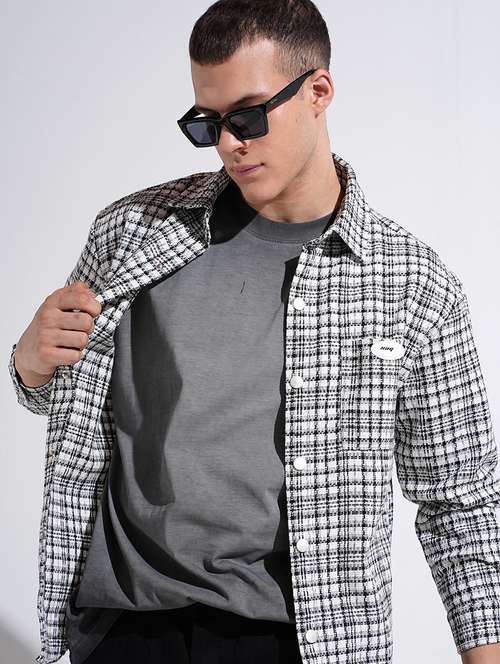 men checkered collared long sleeve shacket - 22037896 -  Standard Image - 0