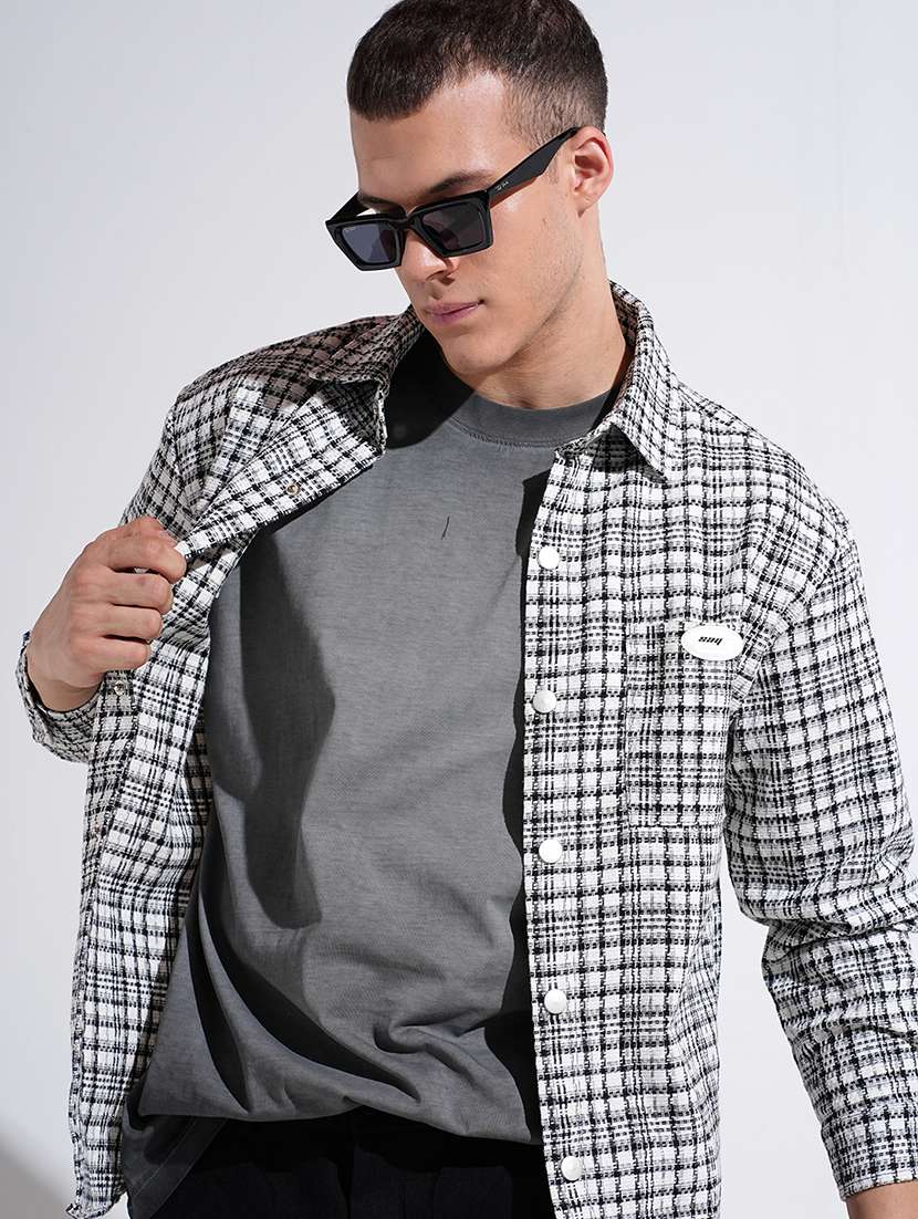 men checkered collared long sleeve shacket - 22037896 -  Zoom Image - 0