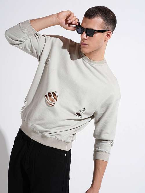 men solid distressed long sleeve sweatshirt - 22037913 - Standard Image - 0