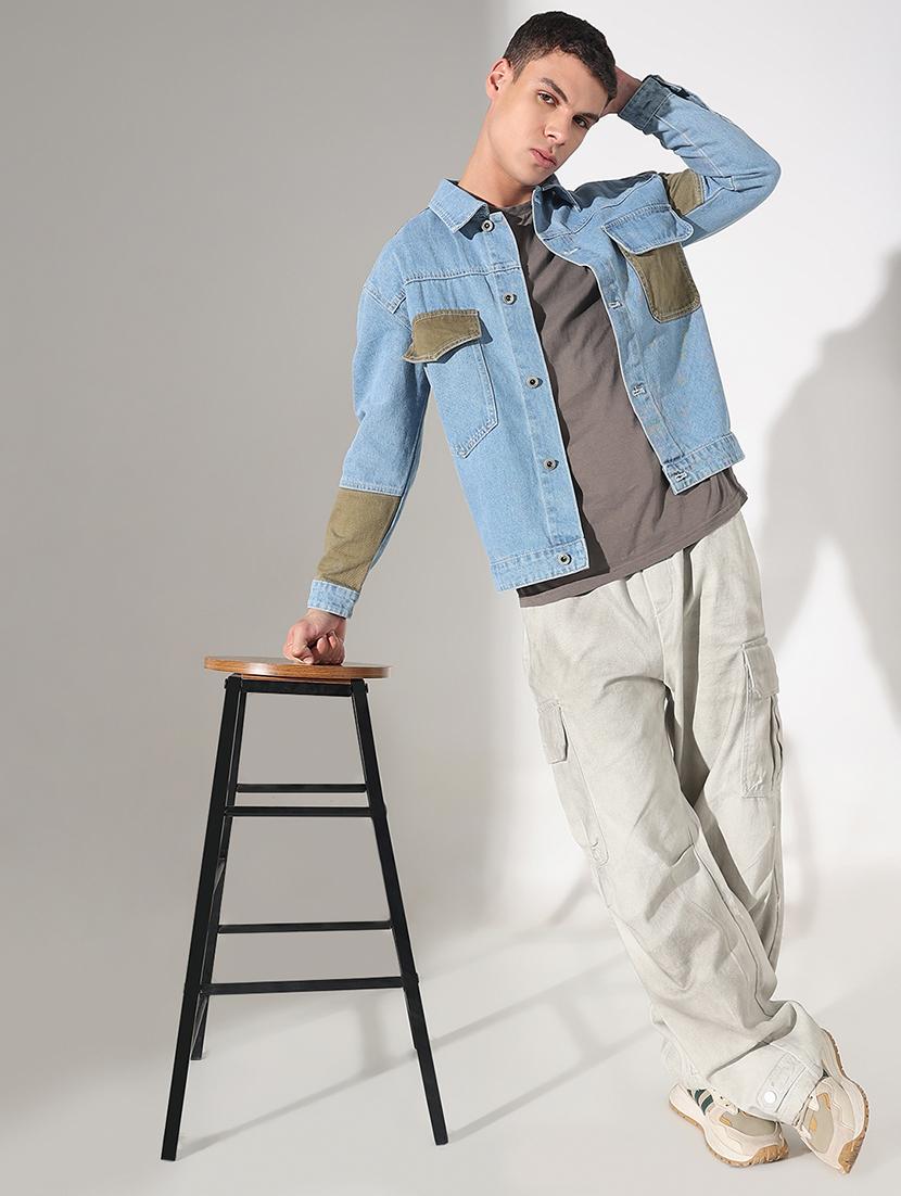 men color blocked collared long sleeve denim jacket - 22037965 - Standard Image - 3