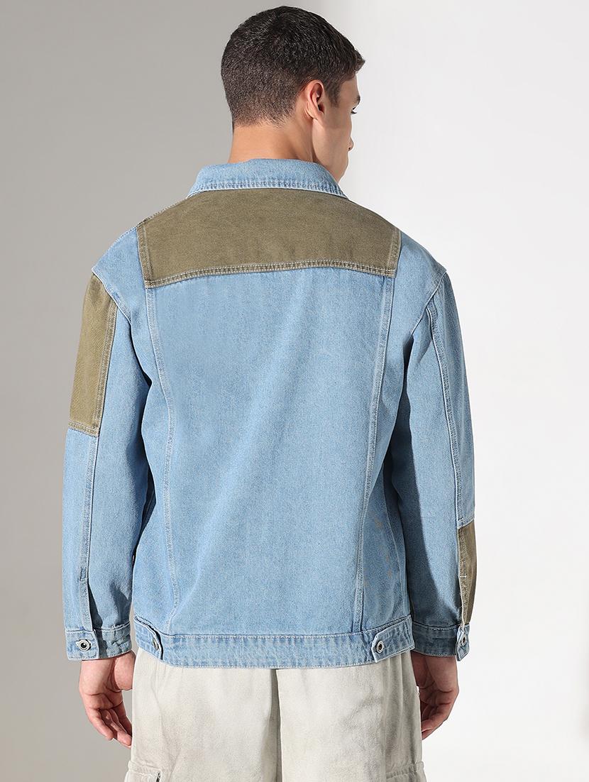 men color blocked collared long sleeve denim jacket - 22037965 - Standard Image - 5