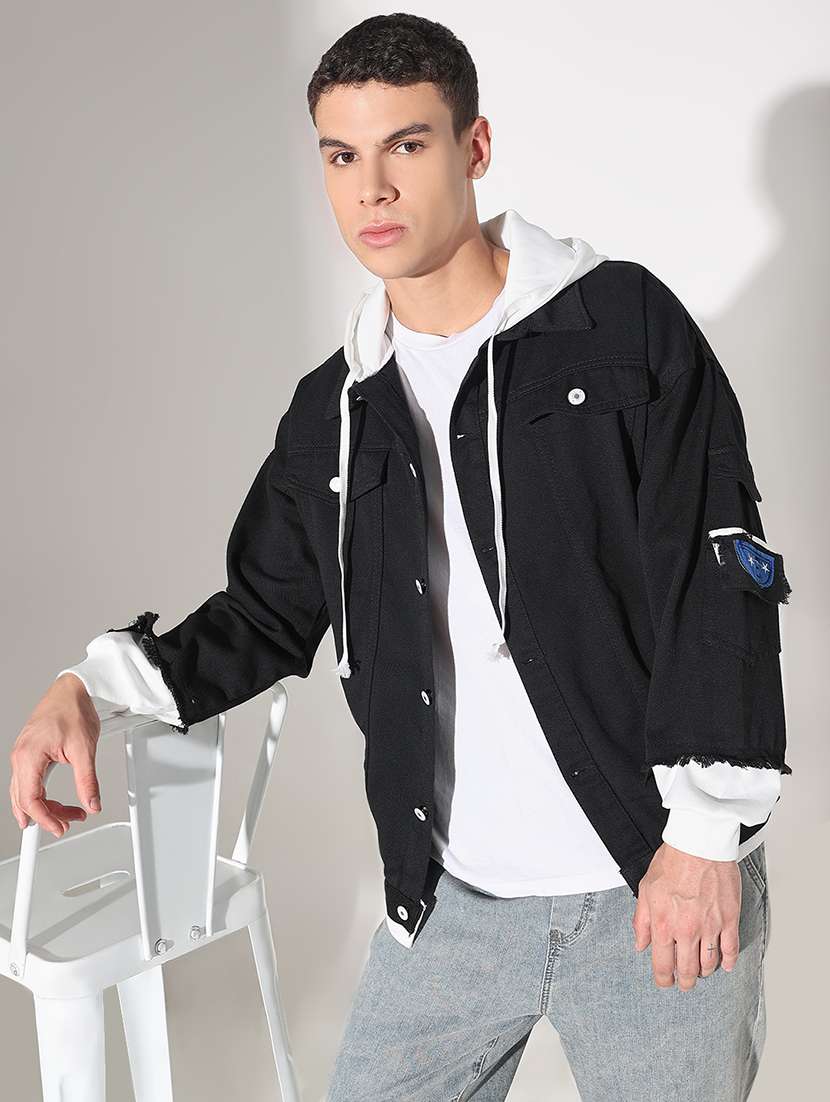 men solid long sleeve hooded denim jacket - 22037966 -  Zoom Image - 0