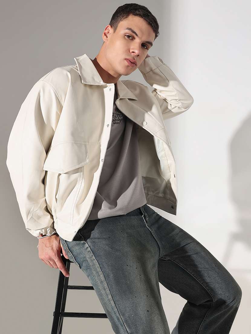 men solid collared long sleeve faux leather jacket
