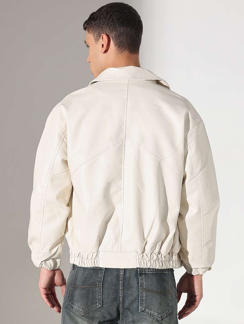 men solid collared long sleeve faux leather jacket - 22037972 - Standard Image - 3