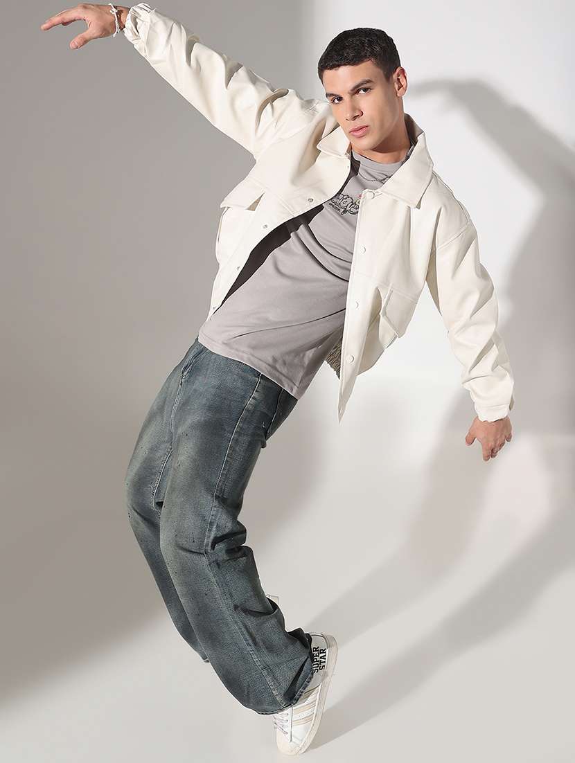 men solid collared long sleeve faux leather jacket - 22037972 - Standard Image - 5