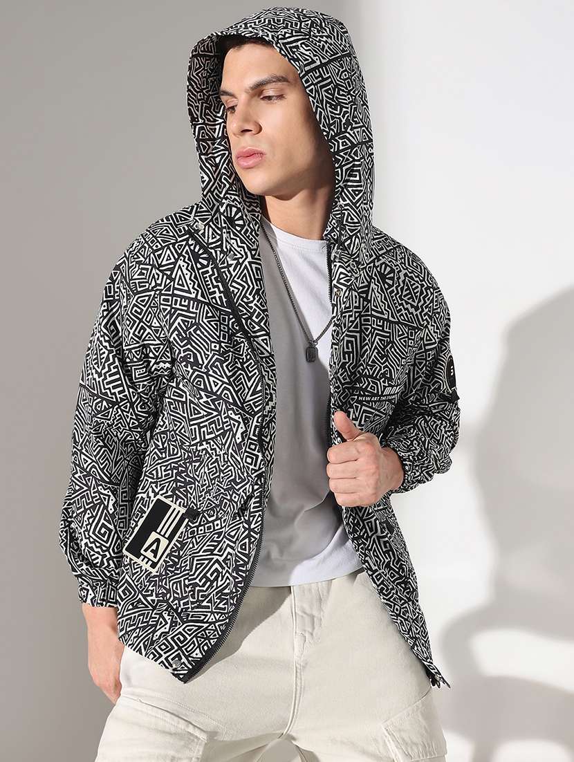 men printed long sleeve hooded bomber jacket