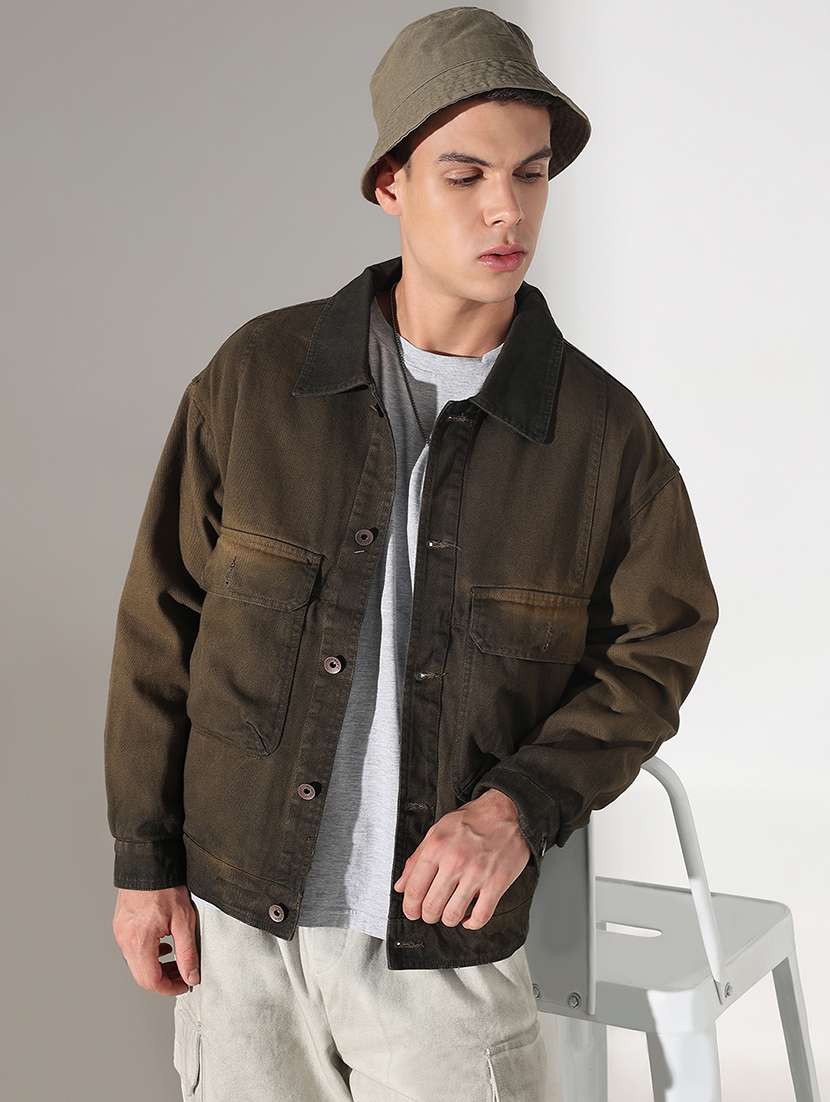 men solid collared long sleeve denim jacket - 22037975 -  Zoom Image - 0