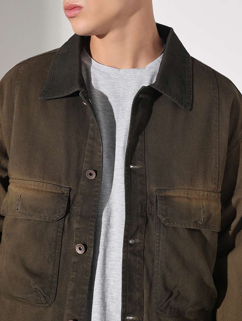 men solid collared long sleeve denim jacket - 22037975 - Standard Image - 3