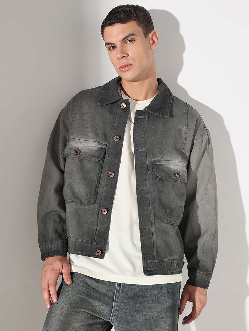 men washed collared long sleeve denim jacket - 22037977 -  Zoom Image - 0