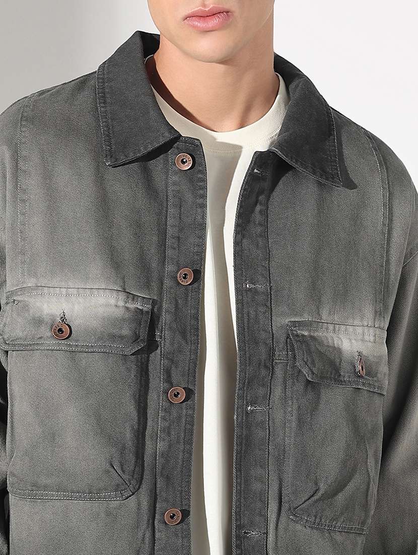 men washed collared long sleeve denim jacket - 22037977 - Standard Image - 5