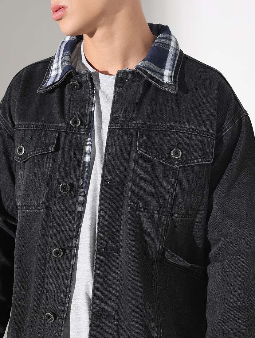 men solid collared long sleeve denim jacket - 22037981 -  Standard Image - 5