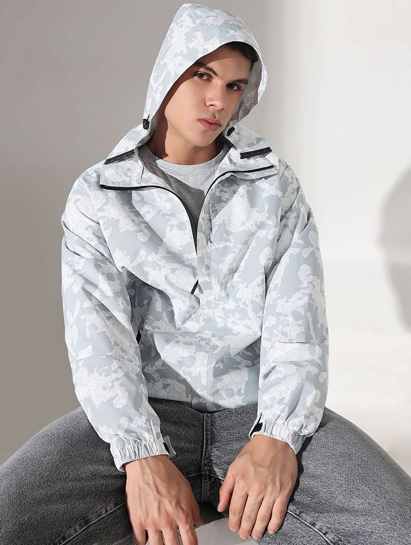 men printed hooded long sleeve bomber jacket